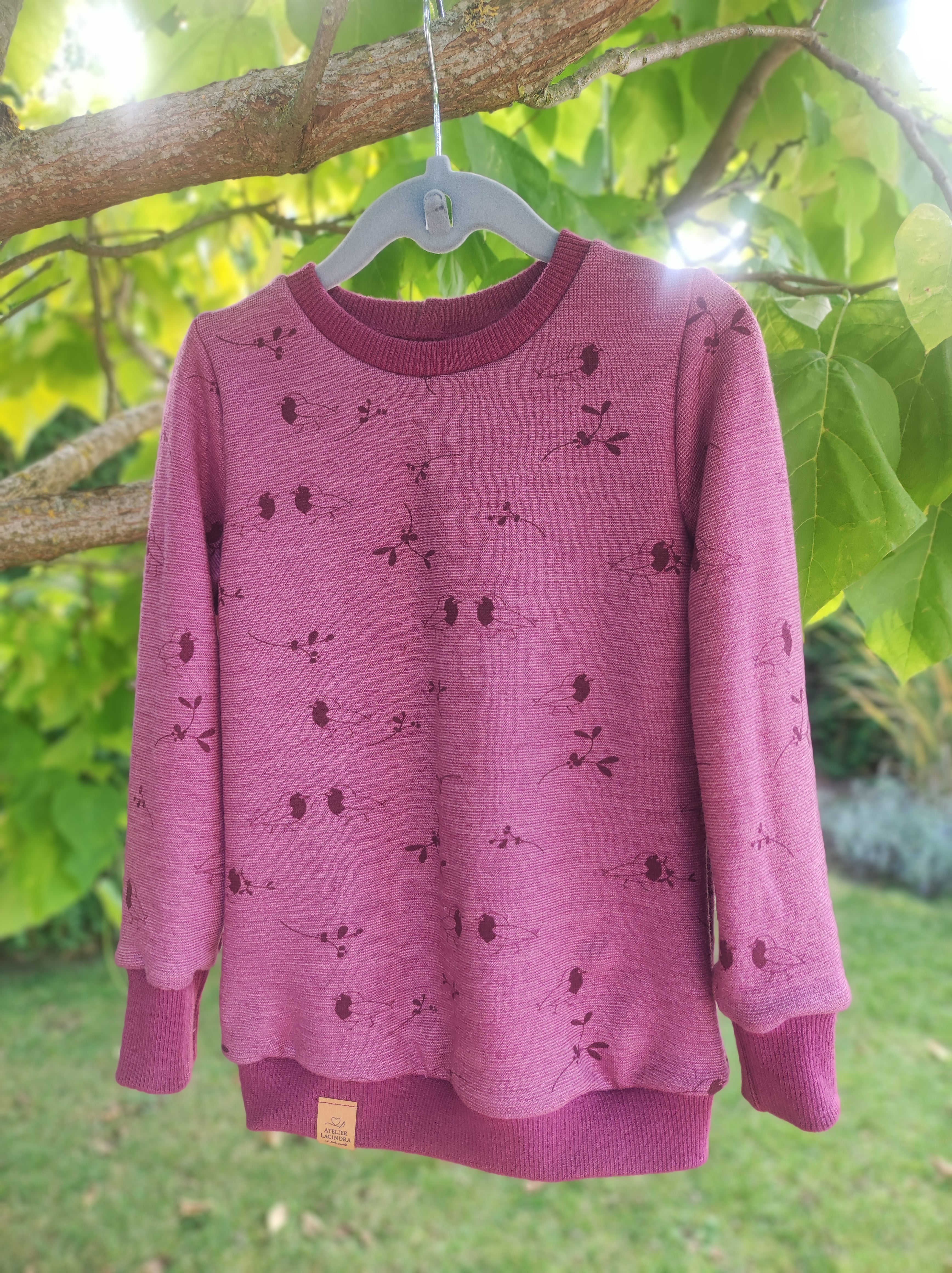 Pullover Wolle-Seide-Frottee Vögel